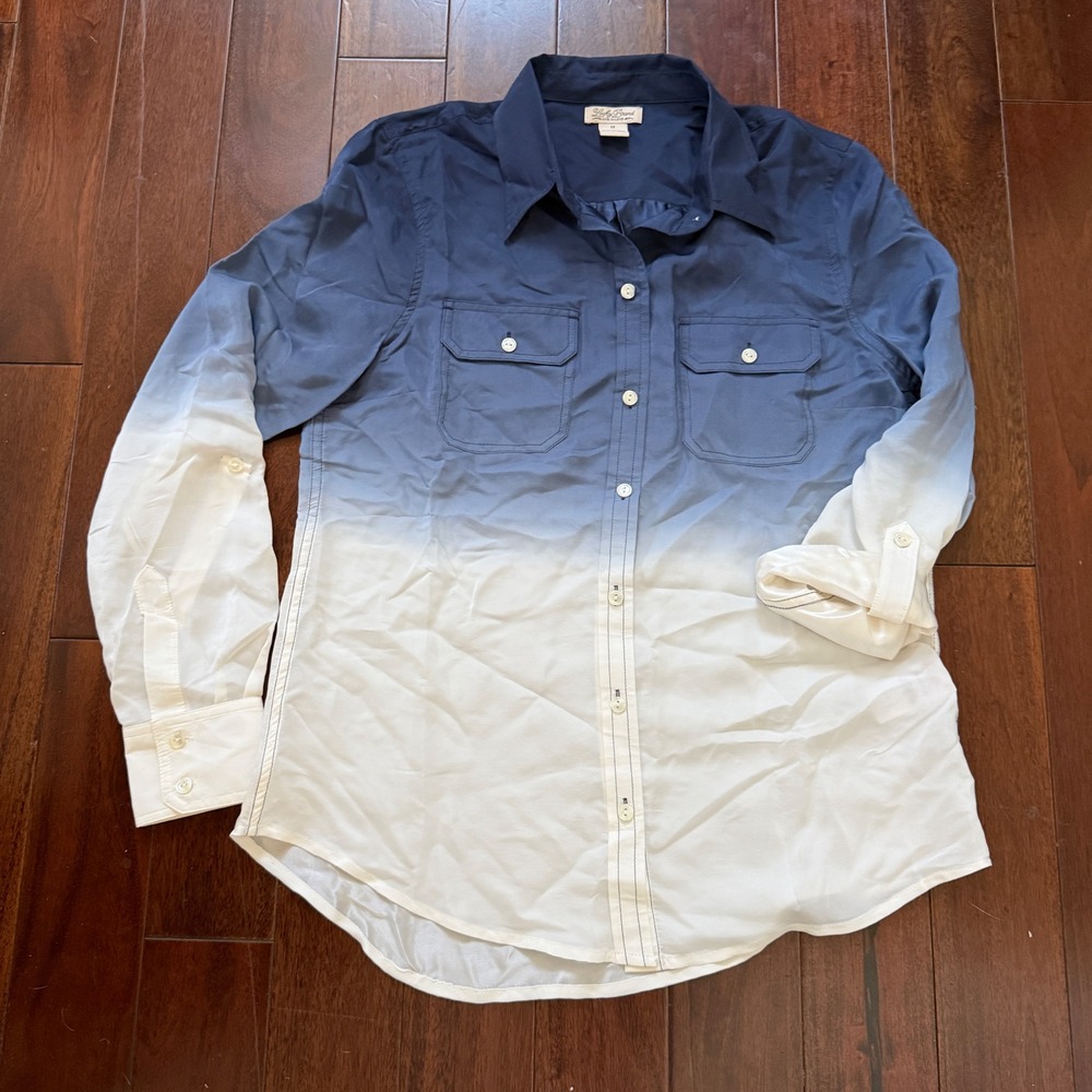 Lucky Brand 100% Silk Ombre Button Front Shirt Blue White Women's Medium M